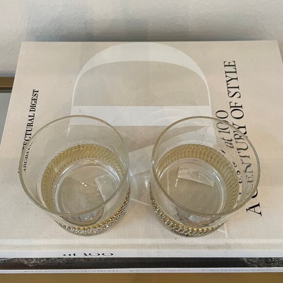 Old Fashioned Whiskey Glass w/ Gold Rhinestone Band Stemless Wine Set of 2 NEW - Picture 7 of 10